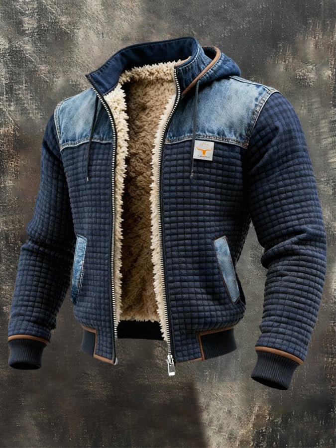 Julien | Navy Blue Quilted Jacket With Denim Details