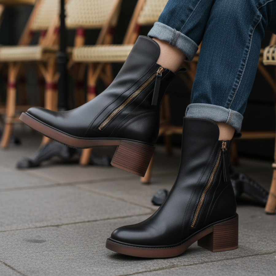 Black leather boot with a comfortable, elegant and timeless heel