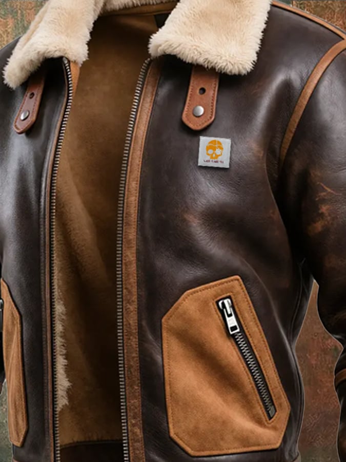 Dylan | Warm Brown Leather Jacket With Sherpa Collar