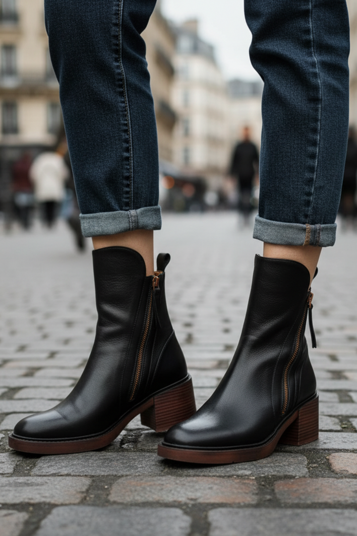 Black leather boot with a comfortable, elegant and timeless heel