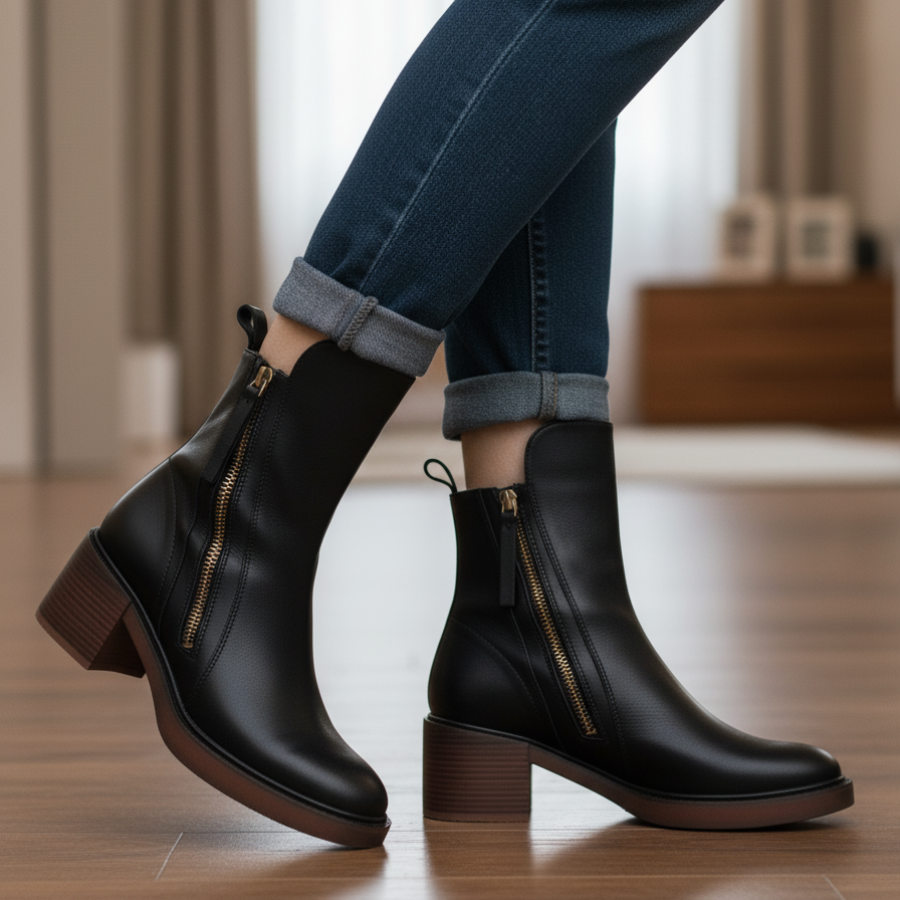 Black leather boot with a comfortable, elegant and timeless heel