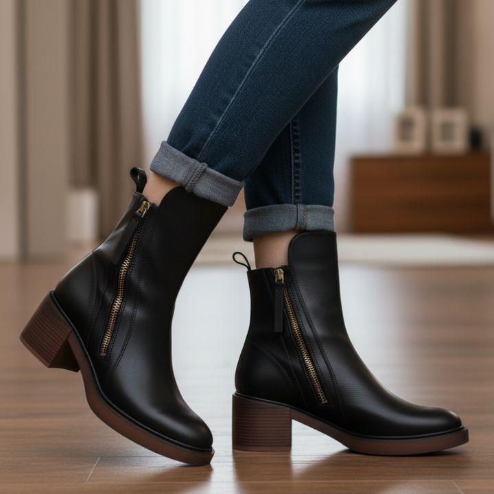 Black leather boot with a comfortable, elegant and timeless heel