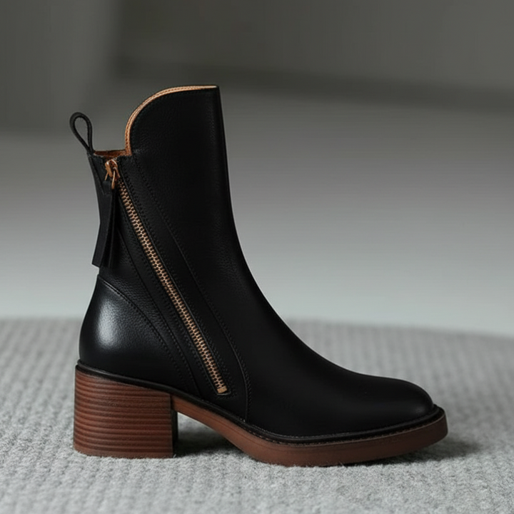 Black leather boot with a comfortable, elegant and timeless heel