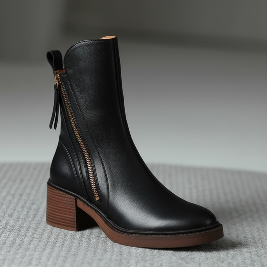 Black leather boot with a comfortable, elegant and timeless heel