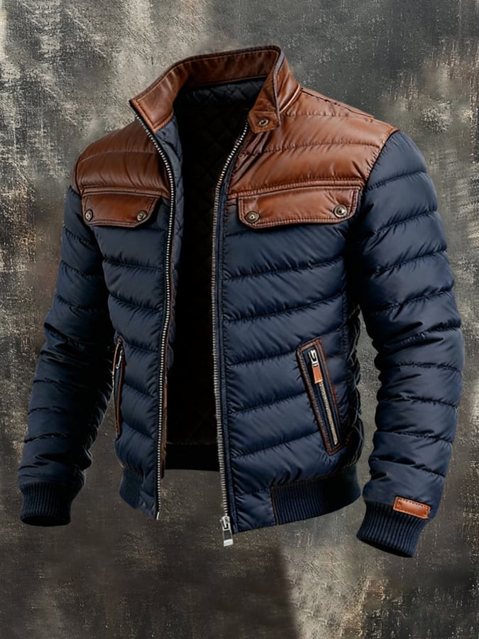 Chase | Navy Blue Quilted Jacket With Leather Panels