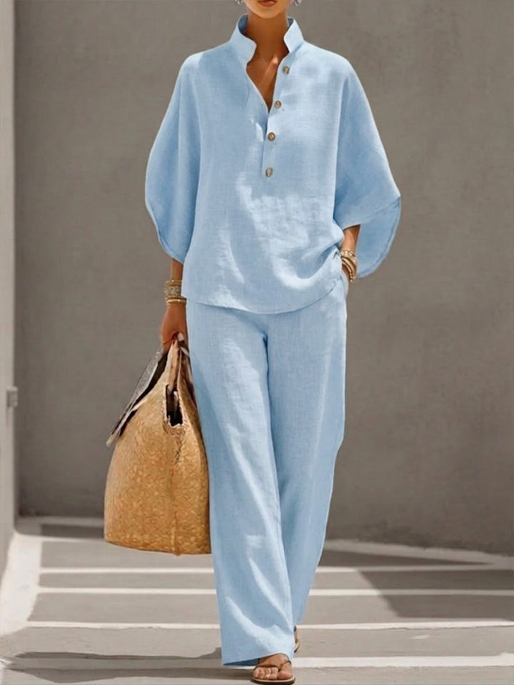 Mariel | Linen suit with batwing sleeves and wide-leg trousers